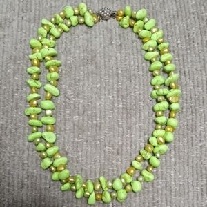 Green Dyed Stone and Gold Painted Pearl Double Strand Necklace